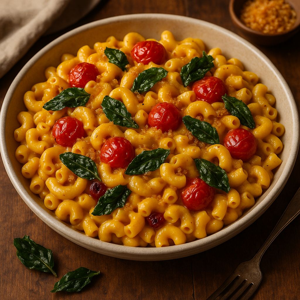 Mac and Cheese con Bechamel de Ayote Asado, Tomates Cherry y Albahaca Frita