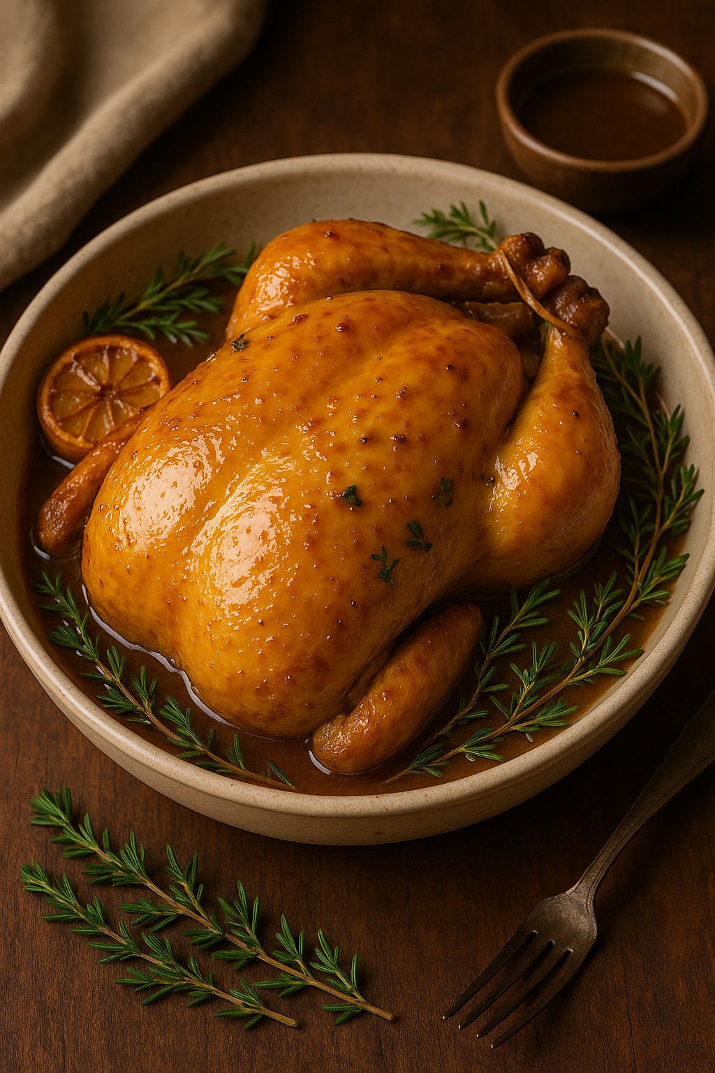 Pollo Asado con Mostaza, Ajos, Limón y Hierbas